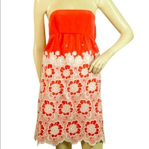 Tibi strapless silk dress, coral red w/ white embroidered floral print, size 8